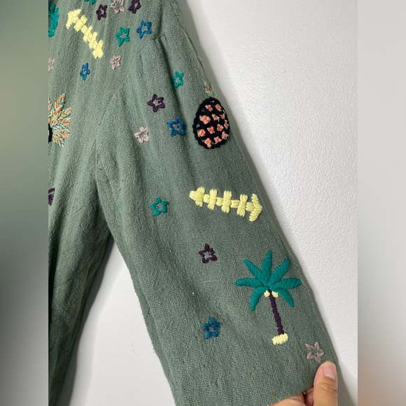 Condition Apply Anthropologie Green Gauze boho Embroidered Novelty Jacket L - Picture 4 of 10